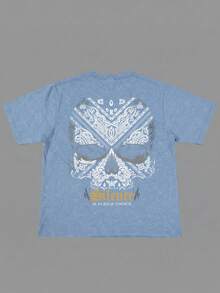Men's Retro American Streetwear Style Washed Graphic Print Short Sleeve T-Shirt, Comfortable & Breathable, Suitable For Summer, Leading Fashion - Baby Blue - View 3
