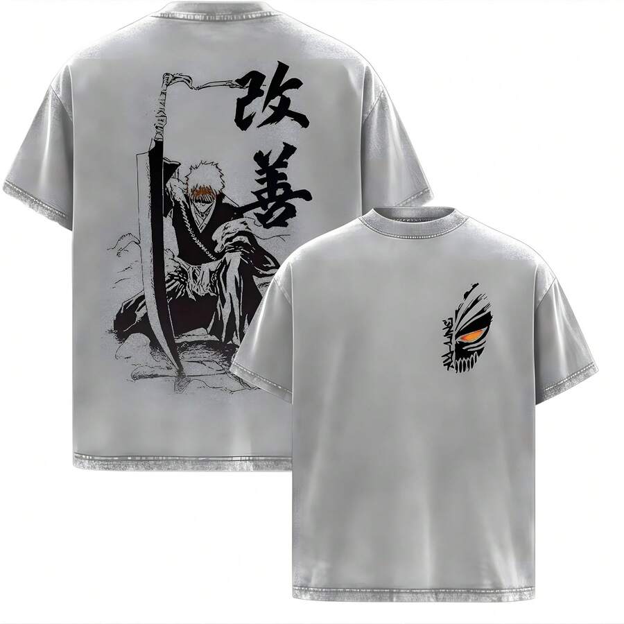 Ichigo Hollow Form Bleach Anime Shirt, Vintage Washed Oversized Graphic Tee, Vasto Lorde Mask Art, Kurosaki Ichigo Transformation T-Shirt, Unisex Streetwear Anime Merch Gift For Bleach Fans - 灰色 - 查看 1