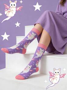 1 Pair Women's Pink & Purple Angel Cat Design Mid-Calf Socks, Elegant & Cute, Suitable For Vacation, Travel, All Seasons, Unisex - Violet Purple - View 3