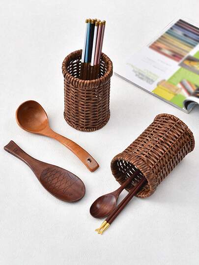 1Pc Retro Rattan Pen Holder, Desk Stationery Storage Container, Desk Clutter Organizer Basket, Hand-Woven Small Storage Basket