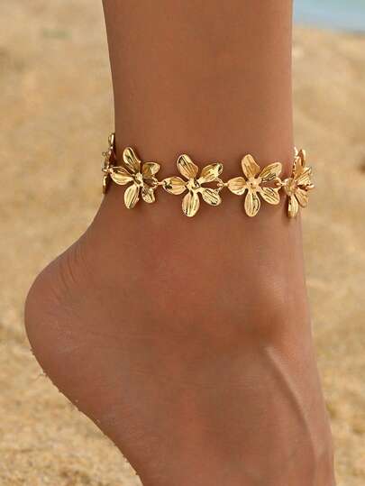 1pc Elegant Classic Alloy Flower Anklet, Handmade Versatile Foot Jewelry For Women, Suitable For Daily Wear, Dates, Parties, Dining, And Beach Trips