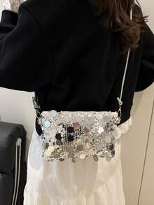 1 chiếc túi vuông nhỏ bằng PVC đính sequin, kiểu dáng chần bông, có thể đóng mở, dùng làm ví đựng tiền xu và điện thoại, túi dự tiệc, túi đeo chéo thời trang mới, túi đeo vai lấp lánh sang trọng, phù hợp cho phụ nữ tham dự tiệc và các sự kiện. - Bạc sáng - Xem 3