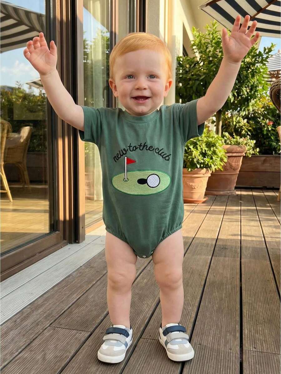 Baby Boys Rompers Letter Golf Embroidery Crew Neck Short Sleeve Infant Bodysuits Jumpsuits - Green - View 1