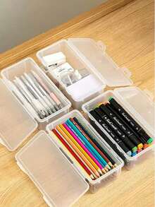 1/4/10pcs Large Capacity Transparent Plastic Storage Boxes With Flip Lid Hinge Cover, Multi-Functional Organizer Boxes, Dust-Proof Protection, Suitable For Office, School, Home Desk, Multi-Purpose Storage Containers, Space-Saving Stackable Design, Back To School Gift - Multicolor - View 7