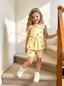 Conjunto informal de 2 piezas para niñas en verano - Blusa sin mangas con estampado de limón a cuadros + Pantalones cortos - Amarillo - Ver 1