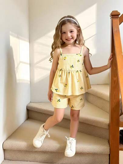 Girls' Summer Spaghetti Strap Outfit - Plaid Lemon Print Sleeveless Top + Shorts, 2 Pieces Casual Set
