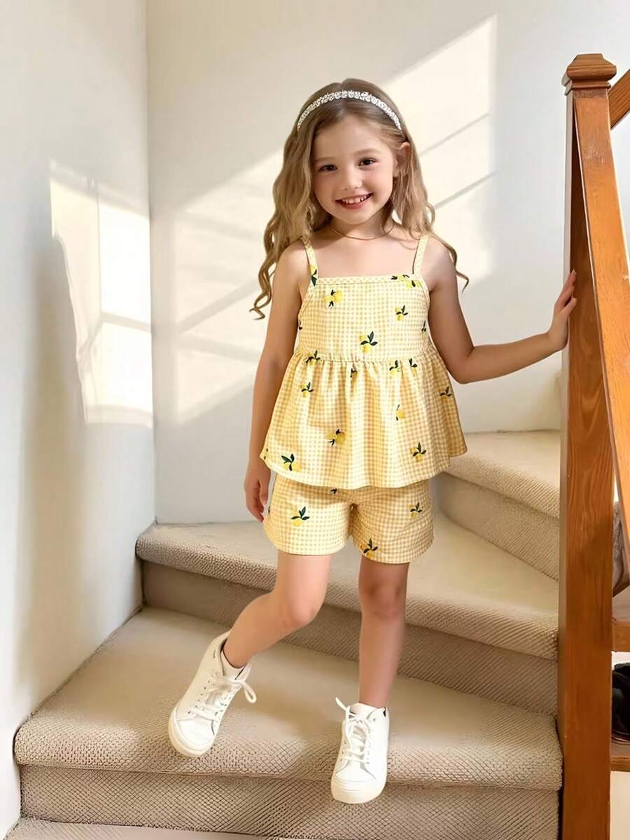 Conjunto informal de 2 piezas para niñas en verano - Blusa sin mangas con estampado de limón a cuadros + Pantalones cortos - Amarillo - Ver 1