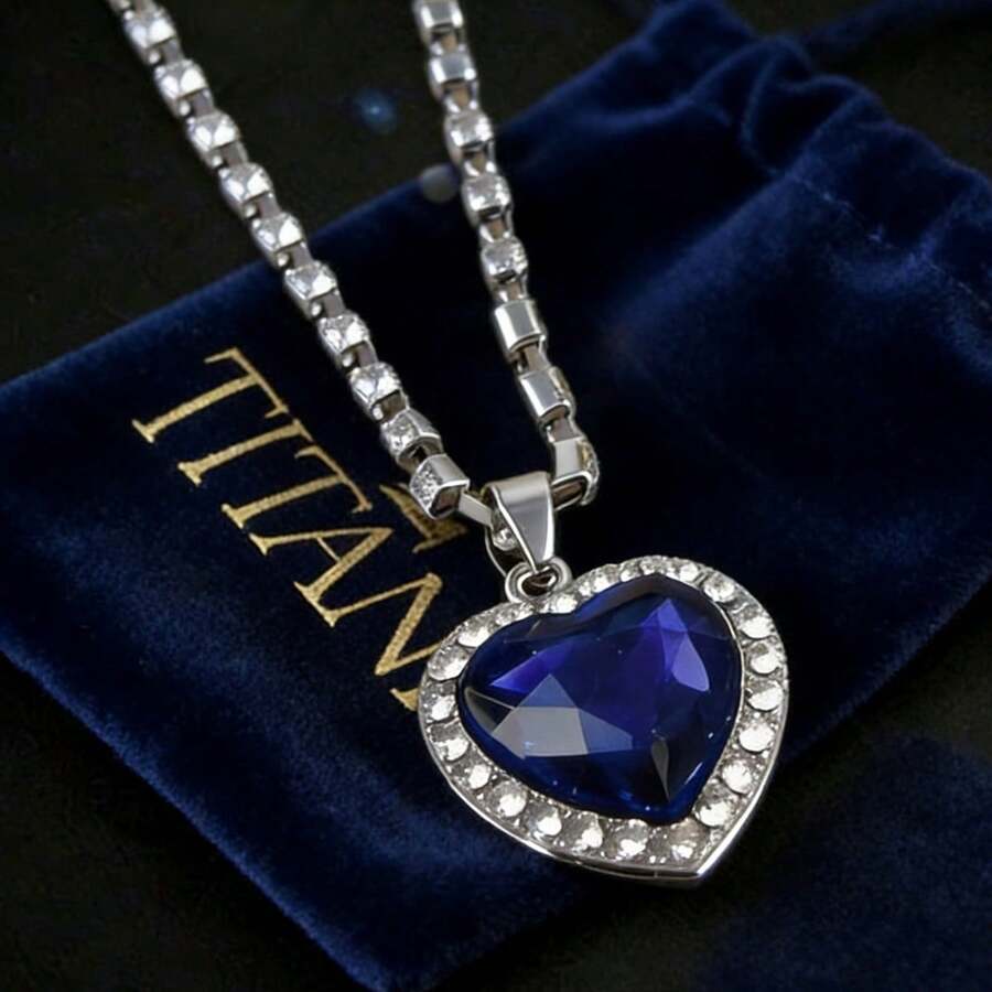 复古奢华水钻海洋心形吊坠项链，浪漫几何条纹设计，适合女性 - 銀色 - 查看 1