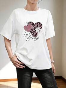 Women's Round-Neck Short-Sleeve T-Shirt, Summer New Heart-Shaped Leopard Print Pattern, Fashionable Casual Versatile Loose Top - White - View 2
