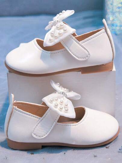 1 Pair Girls' Pearl Bow Decor Mary Jane Flat Shoes, Soft Sole Non-Slip Children Princess Casual Loafers, Suitable For All Seasons