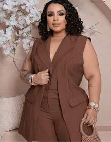 Women's Premium Plus Size Double Vest And Shorts Set - 鏽棕色 - 查看 3