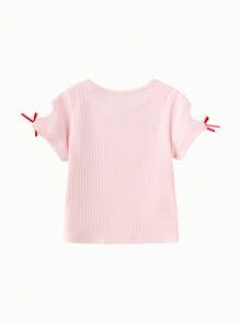 Balabala Áo thun ngắn tay gân nổi in hình cho bé gái, thiết kế hở vai và có nơ; Áo mùa hè dễ thương, phong cách thường ngày. - trắng đỏ - Xem 2