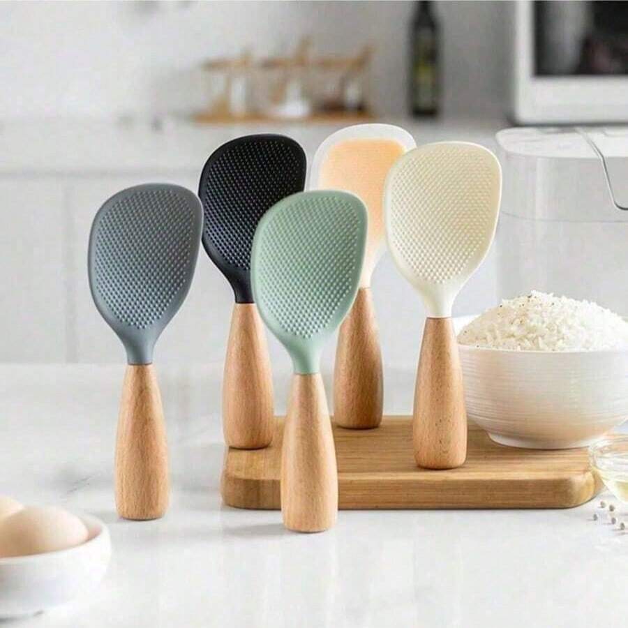 Vertical Wooden Handle Non-Stick Rice Spoon, Kitchen Cooking Tool