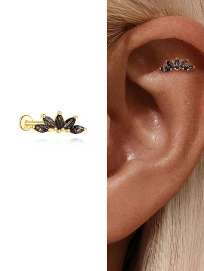 1件黑色水晶925纯银耳环，女士皇冠耳钉，平底耳廓耳骨耳钉，适合日常佩戴、婚礼订婚等场合，精美珠宝