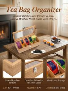 1个竹制茶包收纳盒，带透明亚克力盖 - 多层收纳盒，适用于茶叶、咖啡和办公用品，天然木纹饰面，彩色茶包展示，是厨房或办公室收纳的理想选择，茶叶架，置物篮。 - 卡其色 - 查看 2