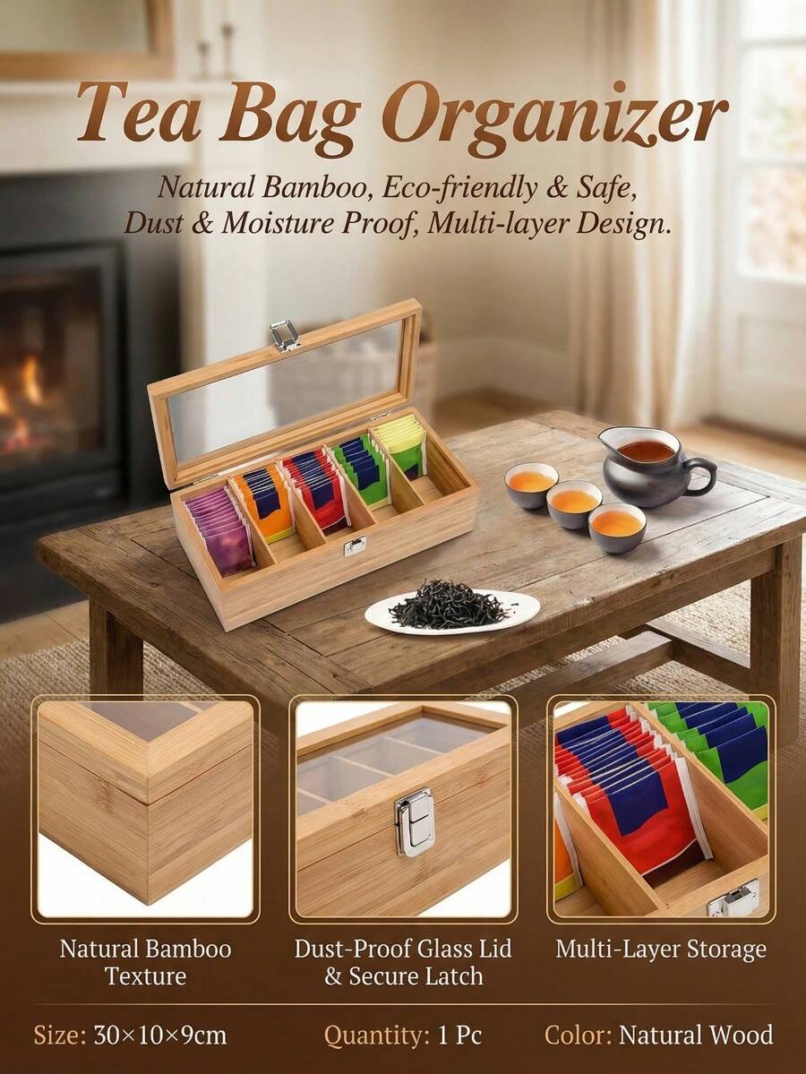 1个竹制茶包收纳盒，带透明亚克力盖 - 多层收纳盒，适用于茶叶、咖啡和办公用品，天然木纹饰面，彩色茶包展示，是厨房或办公室收纳的理想选择，茶叶架，置物篮。