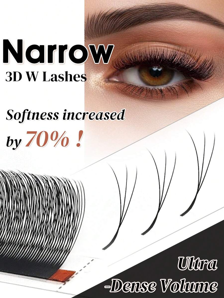 12 Rows D-Curl 3D Lashes, Closely Spaced, 3D W-Shaped Pre-Made Fluffy Fanned Lashes, 0.07/0.1mm, Natural Soft Narrow 3D W-Shaped Lashes