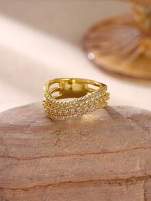 1 Stück Luxus Kubikzirkonia Wellen Ring für Frauen in Goldfarbe, geometrischer Ring, modischer Partyschmuck, Muttertags Geschenk - Gold - Übersicht 7