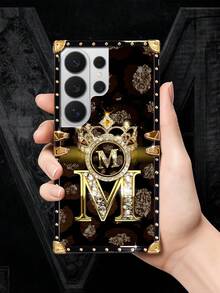 1pc Gold Letter With Crown Flat Pattern Rectangle Shockproof Phone Case, Comes With Matching Rhinestone Ring Holder Stand, Compatible With Samsung Galaxy S26 Ultra/S26/S26 Plus/S25FE/S25Ultra/S25+/S25/S24 Plus/S24/S24U/S23 Ultra/S22ULTRA/A56 5G/A36/A17/A16 And 17proamx/17/16 Promax/16/15PRO Max/15/14 Plus/15plus/14 Pro Max/13promax Models. [International Version, Not Domestic] - Black and Gold + Ring Holder - View 3
