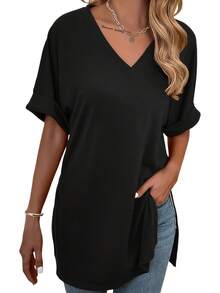 3pcs/Set 2026 Women's Fashion Spring/Summer New Arrival, Loose Side Slit Mid-Length T-Shirt, Solid V-Neck Short Sleeve Casual Top, Basic Tee, Suitable For Daily Commute, Dating, Versatile, Streetwear, Machine Washable - Multicolor - View 5
