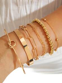 6pcs/Set Vintage Metal Hollow Geometric Beaded Bracelet Set, Suitable As Everyday Stacking Bracelets Gift For Women - 30413-good-g - View 3
