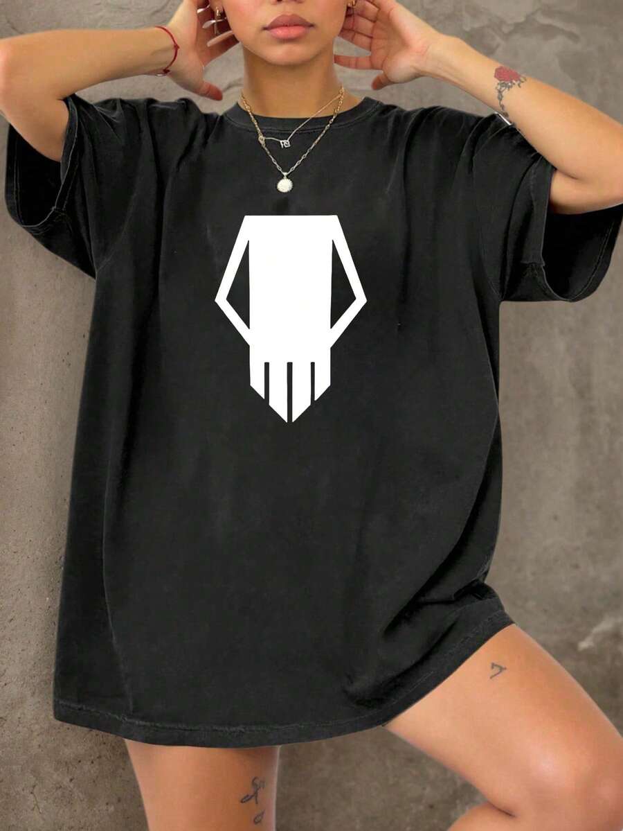 Women's Oversized Anime Inspired Graphic T-Shirt, Casual Crew Neck Minimalist Symbol Print Tee, Black Streetwear Short Sleeve Top - 黑色 - 查看 1