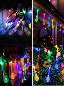 1 pieza Luz de cadena solar con gota de agua - 8 modos de iluminación, 20/50 LED, 5/7 m, luz de hadas solar impermeable para jardín, patio, balcón, casa, valla, decoración de fiesta de boda, luz de cadena de cristal, talla grande adecuada para carpas, macetas, plantas verdes, pabellones, reuniones, festivales de renacimiento, decoraciones navideñas, regalos del Día de la Madre (blanco cálido/blanco/color) - Guirnaldas de luces con forma de gotas de agua - Ver 8