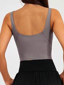 1 pezzo Canotta sportiva casual da donna senza maniche, stile versatile e abbinabile con tessuto elastico, adatta per fitness, yoga, allenamento, corsa, top senza schienale - Grigio Scuro - Visualizzare 3