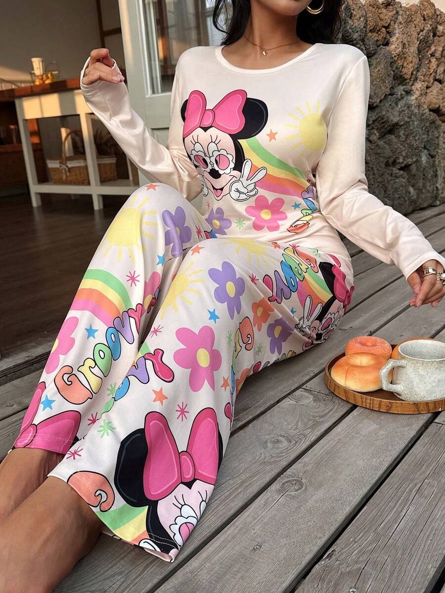 Disney Bộ đồ ngủ nữ tay dài và quần dài in hình đầu chuột hoạt hình, kiểu dáng tối giản, rộng rãi, in họa tiết toàn thân, thoải mái, thích hợp cho mùa xuân/thu. - Nhiều màu - Xem 1