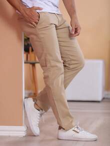 Men's Plus Size Twill Pants With Lycra, Skinny Style - 棕色 - 查看 2