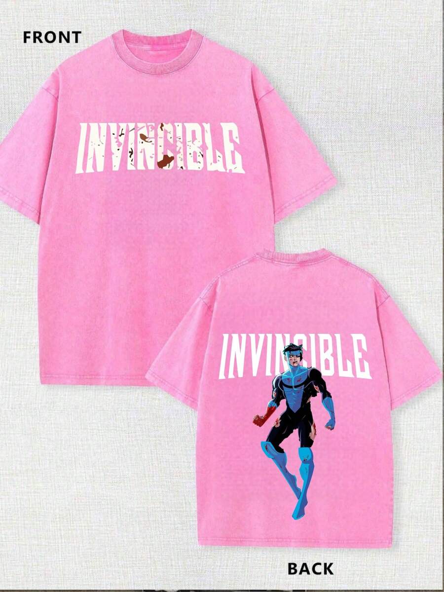 230G Washed Pure Cotton T - Shirt, Men'S Casual Fashion, With  INVINCIBLE  Anime Character Print, Outdoor Sports T - Shirt     Loose Fit     Soft Knitted T - Shirt.Jpg - 粉色 - 查看 1