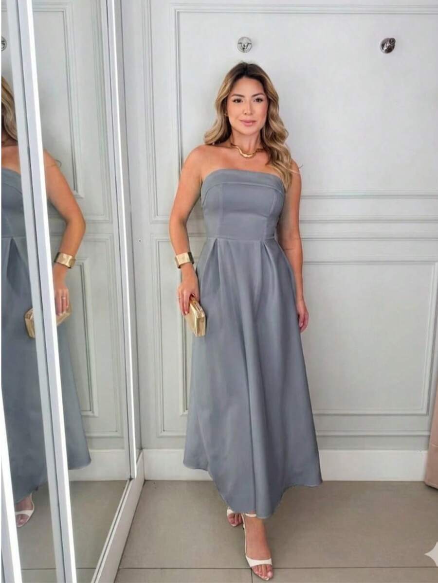 Women's Long Strapless Dress With Back Tie In Elegant Premium Tailoring - Grey - View 1