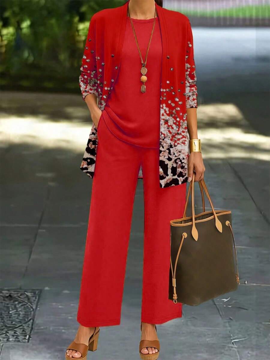 Plus Size Women's Fashionable Printed Elegant Tank Top & Pants & Coat 3 Pieces Set Red Summer - Red - View 1