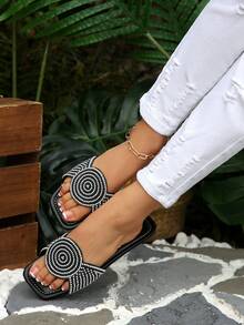 2026 New French Style Crystal Embellished Square Toe Flat Slide Sandals, Elegant Slip-On Suitable For Dresses, Spring/Summer/Autumn - Black - View 6