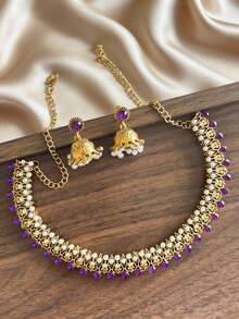Bộ trang sức 3 món sang trọng đính ngọc trai giả, gồm vòng cổ choker pha lê nhiều màu sắc và bông tai mặt dây chuyền tua rua, thích hợp cho phụ nữ dự tiệc, cưới hoặc mặc hàng ngày. - Mặt dây chuyền ngọc trai - Xem 12