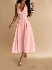 WOWDARK Summer Dress, Pink Fashion Women's Deep V Waist Tie A-Line Halter Elegant Dress, Suitable For Carnival, Dates, Gatherings, Parties, Travel, Vacation, Beach And Other Occasions - Pink - View 2