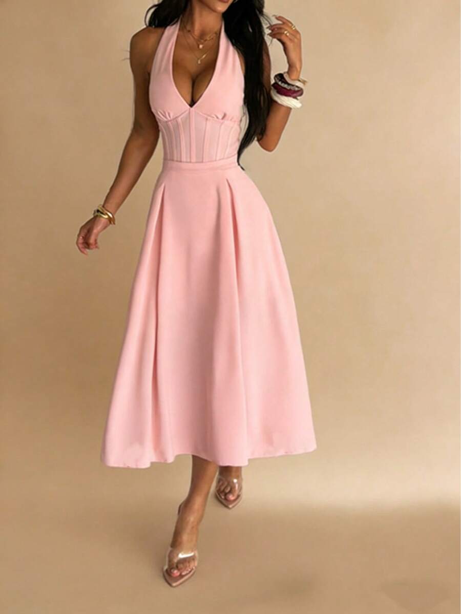 WOWDARK Summer Dress, Pink Fashion Women's Deep V Waist Tie A-Line Halter Elegant Dress, Suitable For Carnival, Dates, Gatherings, Parties, Travel, Vacation, Beach And Other Occasions