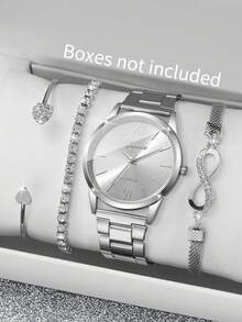 4件套女士时尚休闲罗马数字表盘优雅石英表+手链，不含表盒 - 銀色 - 查看 2