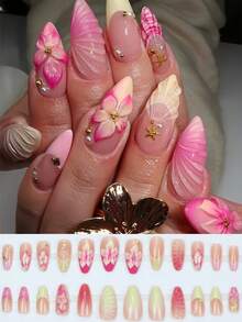 24片中号杏仁形假指甲，饰有法式甜美花卉图案、可爱金色海星、柔和波浪形闪亮金色珠子/粉色3D蝴蝶花/撞色金属豹纹十字架，适合所有女性，可作为女士礼物。 - 彩色 - 查看 1