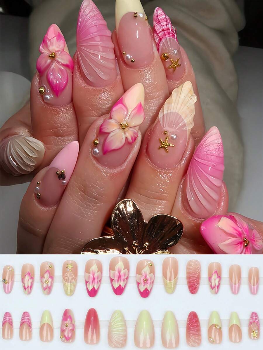 24片中号杏仁形假指甲，饰有法式甜美花卉图案、可爱金色海星、柔和波浪形闪亮金色珠子/粉色3D蝴蝶花/撞色金属豹纹十字架，适合所有女性，可作为女士礼物。 - 彩色 - 查看 1