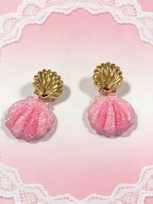 Pink Mermaid Style Shiny Resin Shell Pendant Earrings - Minimalist Shell Earrings - View 3