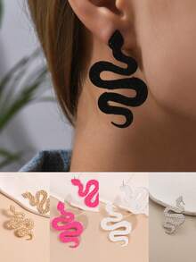 1 Pair Snake-Shaped Earrings, Electroplated Gold Plated, Painted Stainless Steel, Fashion Earrings For Women, Rose Flower & Maple Leaf Design, Valentine's Day Gift - A Pair Of Earrings - View 7
