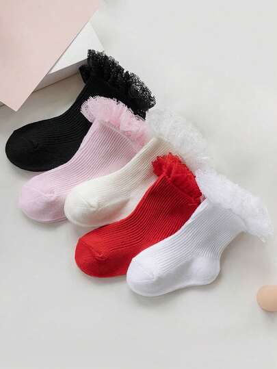 5 Pairs Girls' Colorful Socks, Cute Princess Style Lightweight Mesh Breathable Lace Trim Socks, Soft & Comfortable, Fashionable Casual Short Socks, Suitable For Holidays, Travel, Daily Matching, Stage Performance, Princess Dress, Party