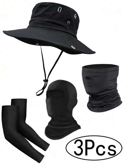 3Pcs/Set Fishing Hat, UPF50+ Wide Brim Sun Hat+Balaclava Ski Mask+Arm Sleeves For Men Women, UV Protection Hiking Beach Bucket Hats Summer Safari Hat And Arm Sleeves For Men Women UV Sun Protection Compression Arm Warmer Tattoo Cover Up, Sports Golf Cooling Sleeves