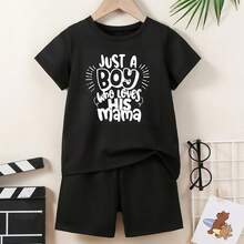ONLY 1 Pc THIRT "Just A Boy Who Loves His Mama" Boys' Summer - Breathable Cotton T-Shirt, Casual Athletic Fit, Ideal Gift For Mother's Day, Perfect For Outdoor Play, Boy Clothes, Perfect For Outdoor Mother's Day Boys And Girls T-Shirt & Suitable For Children Aged 6-12 - Black - View 2