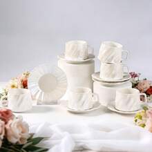Set Of 6 Elegant White Porcelain Coffee Cups & Saucers, Luminous Ribbed, 100ml (3.38 OZ) Espresso Cappuccino Set, Dishwasher Friendly - Perfect For Home Café & Gift Giving - 白色 - 查看 1