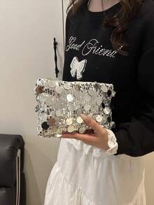1 chiếc túi vuông nhỏ bằng PVC đính sequin, kiểu dáng chần bông, có thể đóng mở, dùng làm ví đựng tiền xu và điện thoại, túi dự tiệc, túi đeo chéo thời trang mới, túi đeo vai lấp lánh sang trọng, phù hợp cho phụ nữ tham dự tiệc và các sự kiện. - Bạc sáng - Xem 5