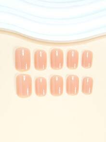 用24片短方形美甲贴片瞬间提升你的造型！甜美清新的裸粉色纯色假指甲，温柔的莲花粉色假指甲，适合女孩，全覆盖式假指甲套装，包含1张粘合贴片和1个迷你指甲锉，果冻凝胶材质，随机发货。 - 粉色 - 查看 3