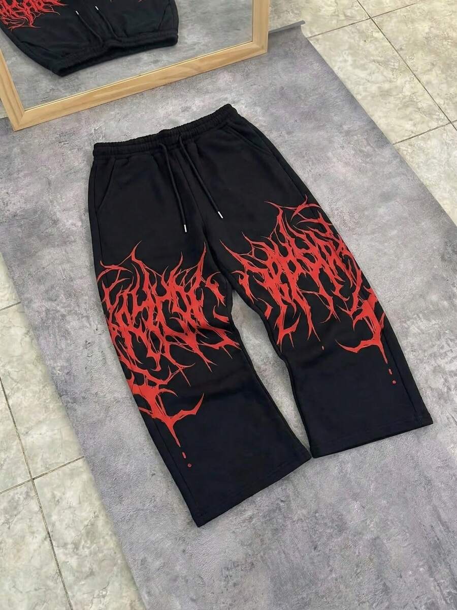 FRACTYR 男士夏季休闲街头时尚渐变黑刺死亡金属文字图案宽松透气双面印花长裤 - 黑色 - 查看 1