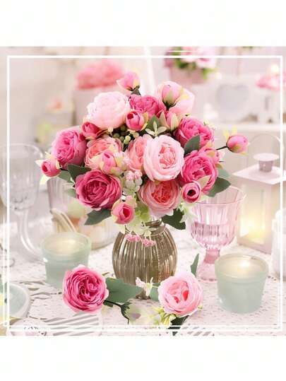 3支装 12.6英寸 仿真春夏客厅装饰花束 双瓣粉色牡丹，适合家居、办公室、婚礼布置、母亲节礼物